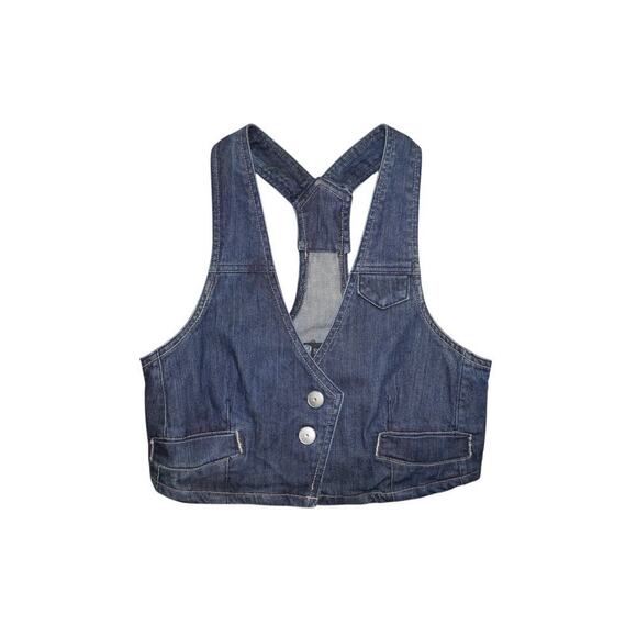 Sneak Peek Denim Cropped Vest Medium | Y2K Racerback Utility Streetwear Layer - Picture 2 of 6